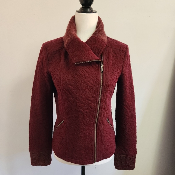 Anthropologie Moto Sweater Jacket in Burgundy Paisley Jacquard Print - Picture 8 of 12